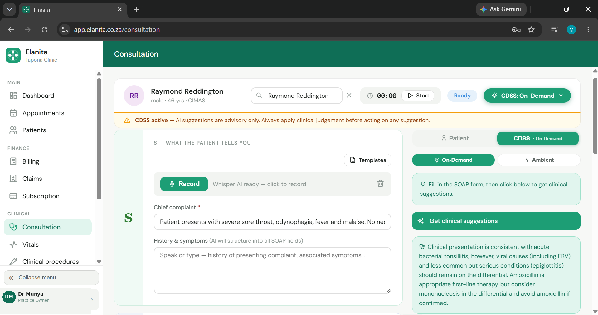 Elanita clinical decision support showing differential diagnoses and ICD-10 suggestions