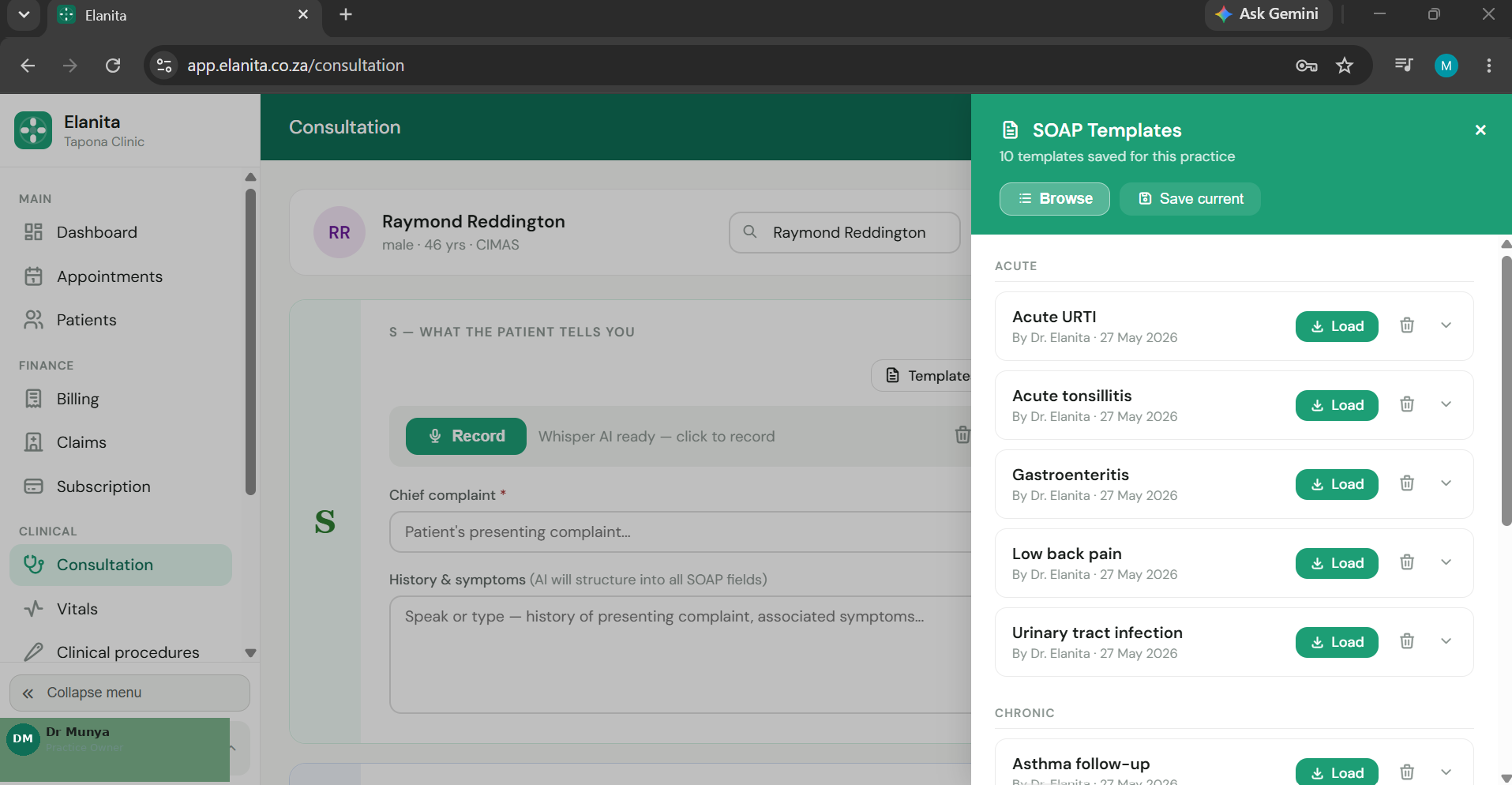 Elanita consultation screen with templates panel