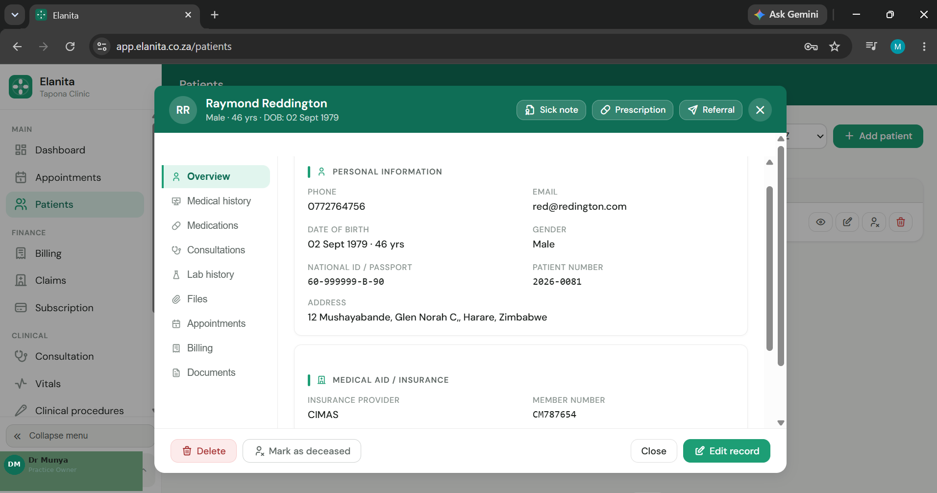 Elanita patient record showing personal information and medical aid details